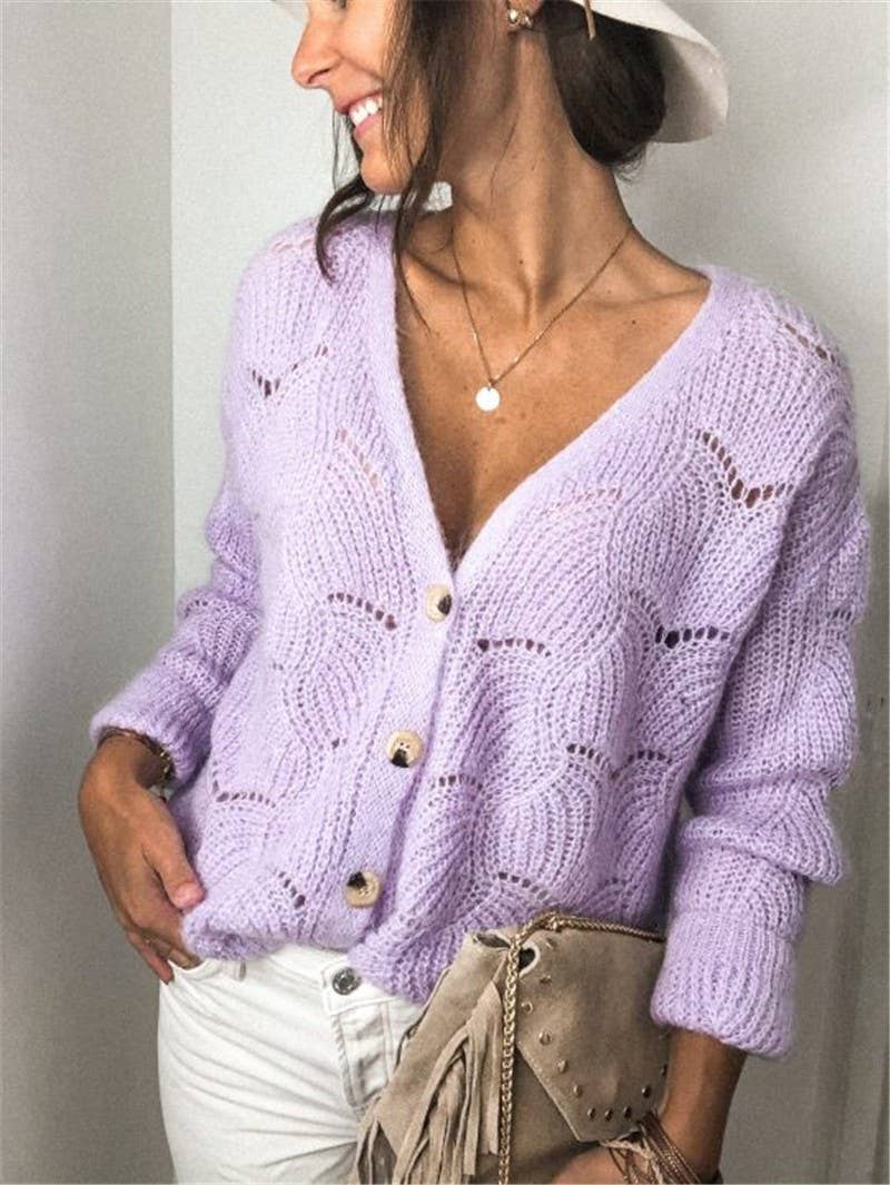 V-Neck Hollow Knit Cardigan Sweater