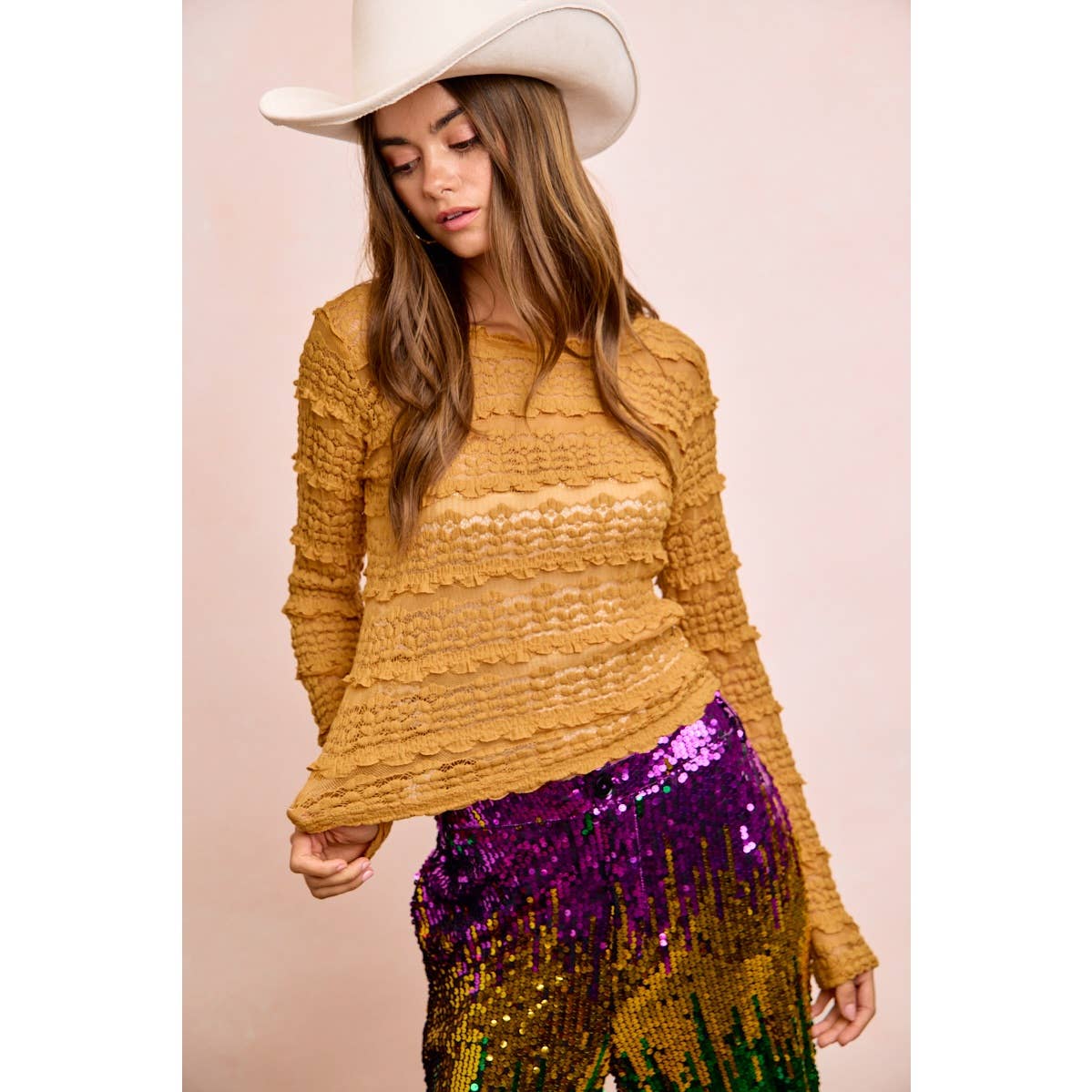 RUFFLES DETAIL MARDI GRAS COLOR FLOWER LACE TOP