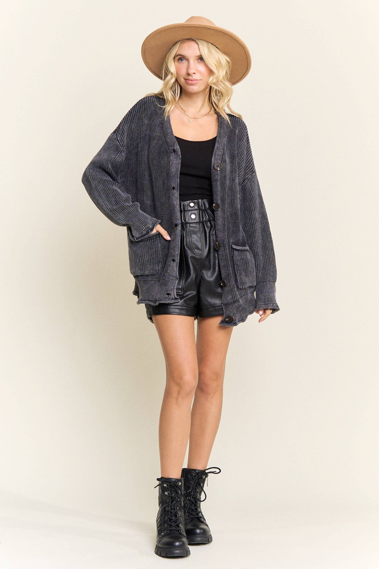 LESW3868-RIBBED BUTTON UP SWEATER CARDIGAN