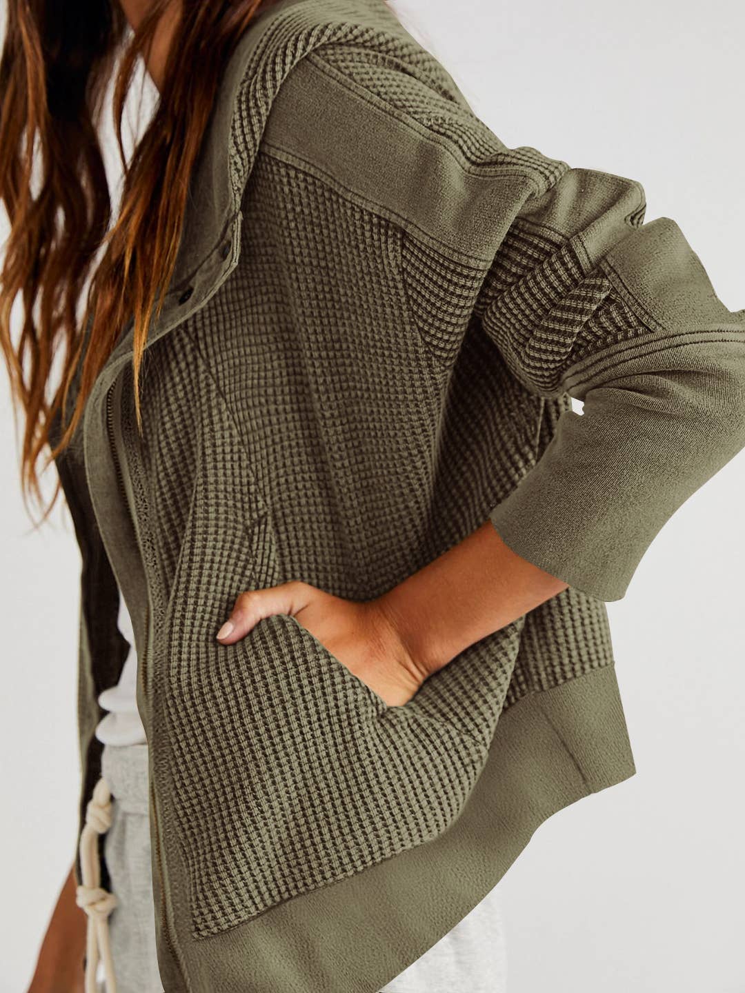 Half button zip up waffle crop hoodie sweatshirt jacket