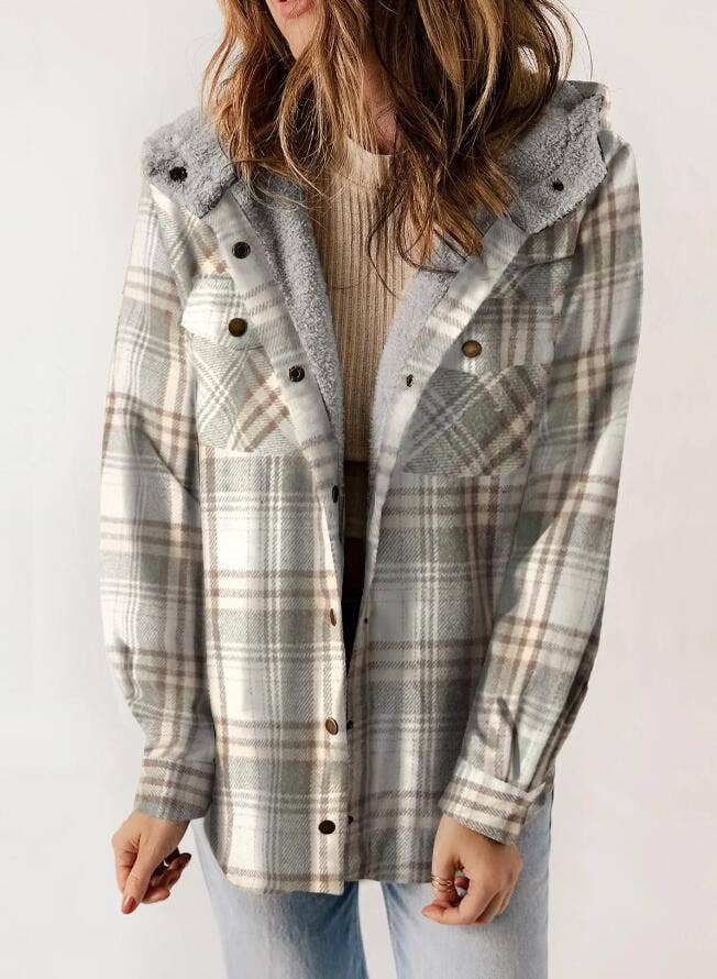 Western buttons hoodie plaid fleece lined shacket coat