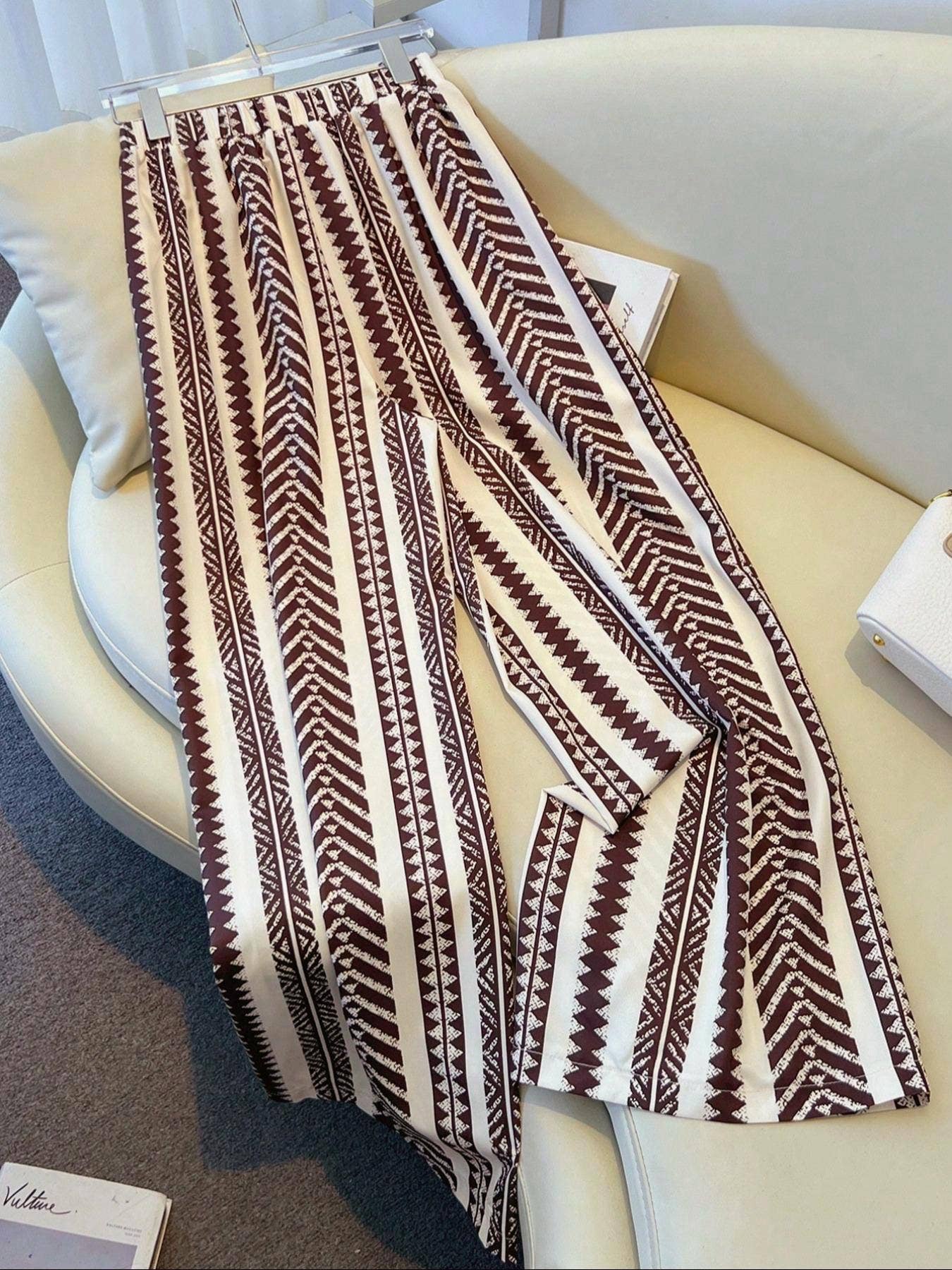 Tie Waist Boho Ethnic Geo Striped Wide Leg Pants