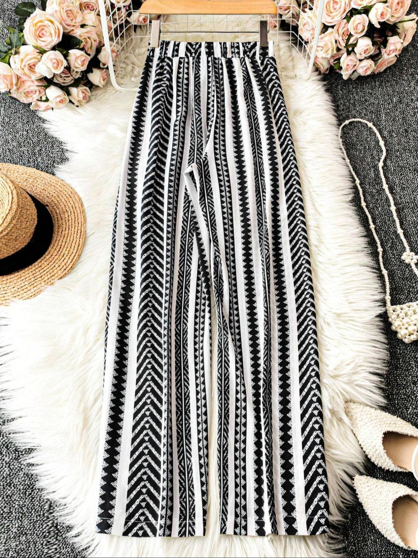 Tie Waist Boho Ethnic Geo Striped Wide Leg Pants