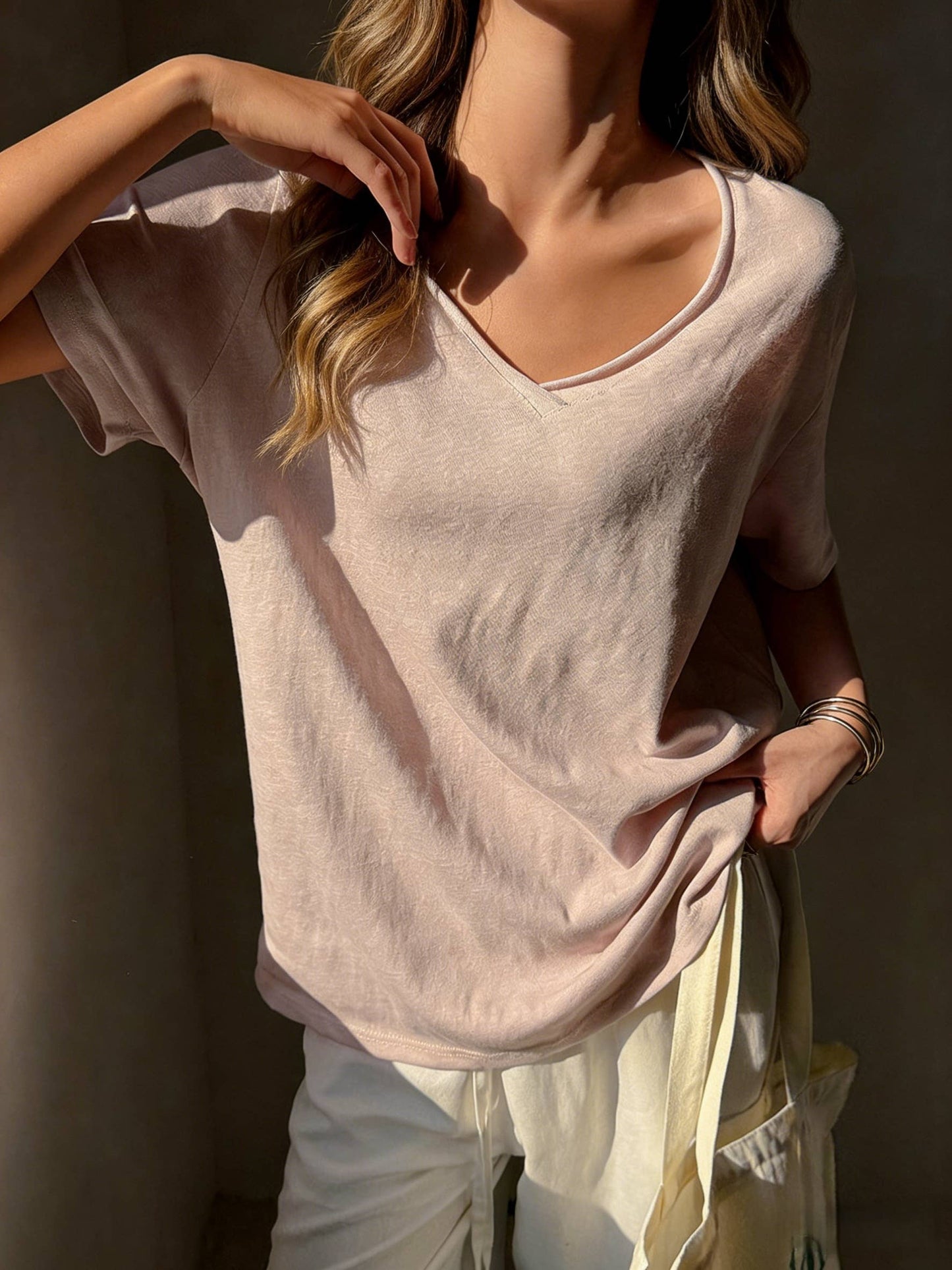 Cotton blend short sleeve roll neck tees V-neck T-shirt