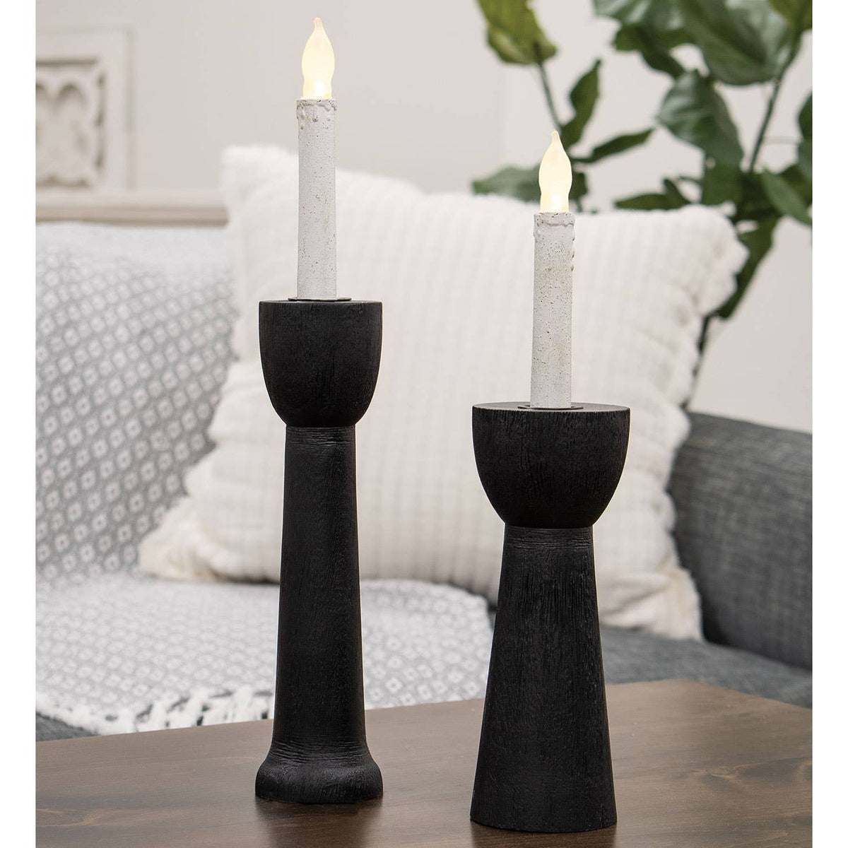 Brushed Black Wood Taper Holder, 8"