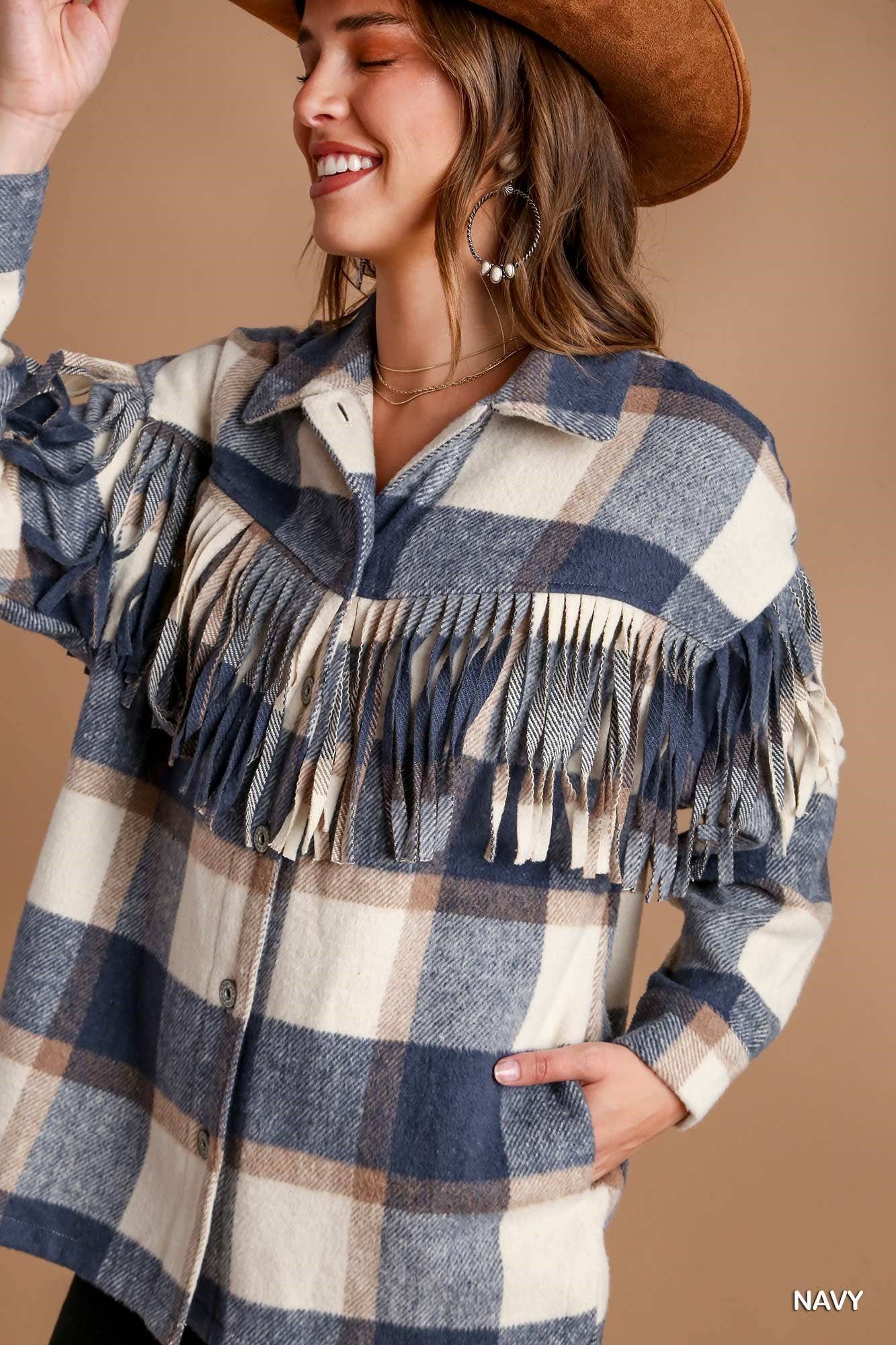 Plaid Button Down Collared Jacket with Fringe Details