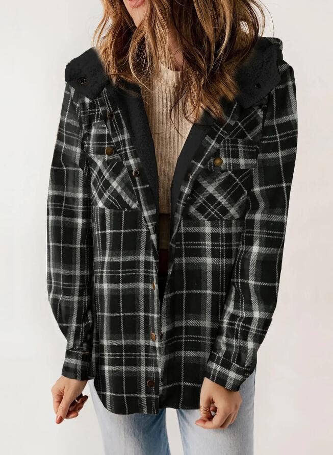 Western buttons hoodie plaid fleece lined shacket coat
