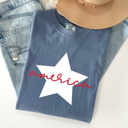 Retro America Star, Red White Blue, 4th of July Tshirt: COLOR- Blue Jean