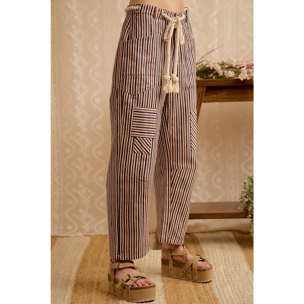 WOMEN WIDE LEG STRIPED DRAWSTRING PANTS