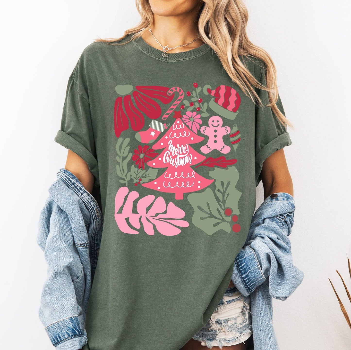 Merry Christmas, Pink Floral, Flowers, Xmas Tshirt