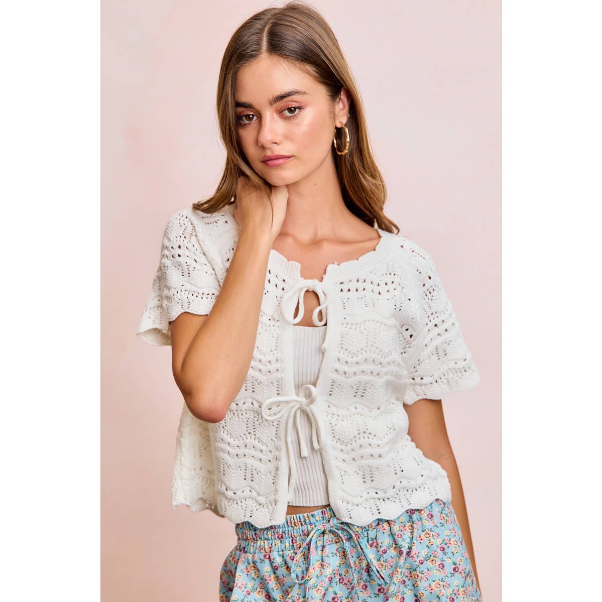 FRONT BOW TIE DETAIL POINTELLE KNIT TOP