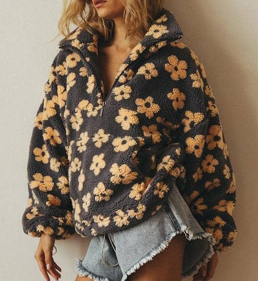Oversized winter half-zip floral sherpa fleece sweatshirt