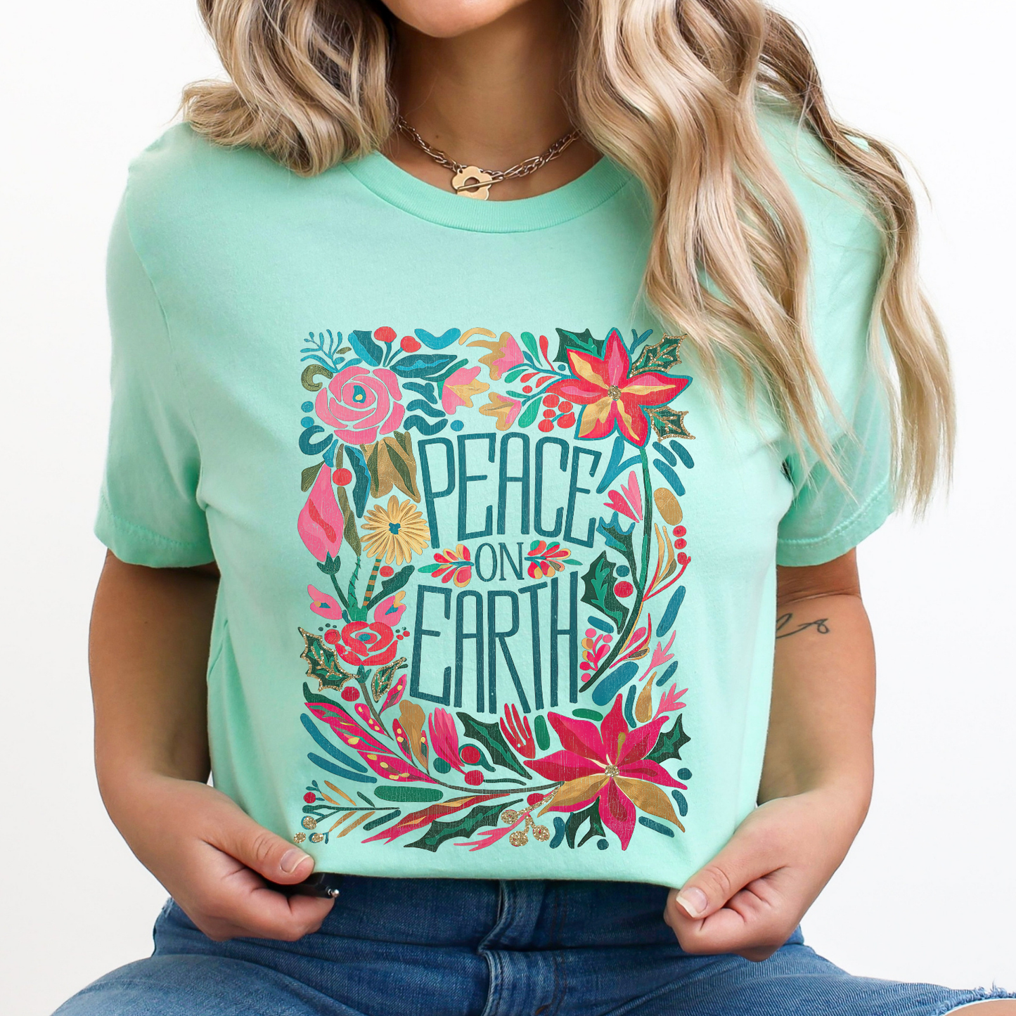 Peace on Earth floral Christmas graphic t-shirt, Holiday top