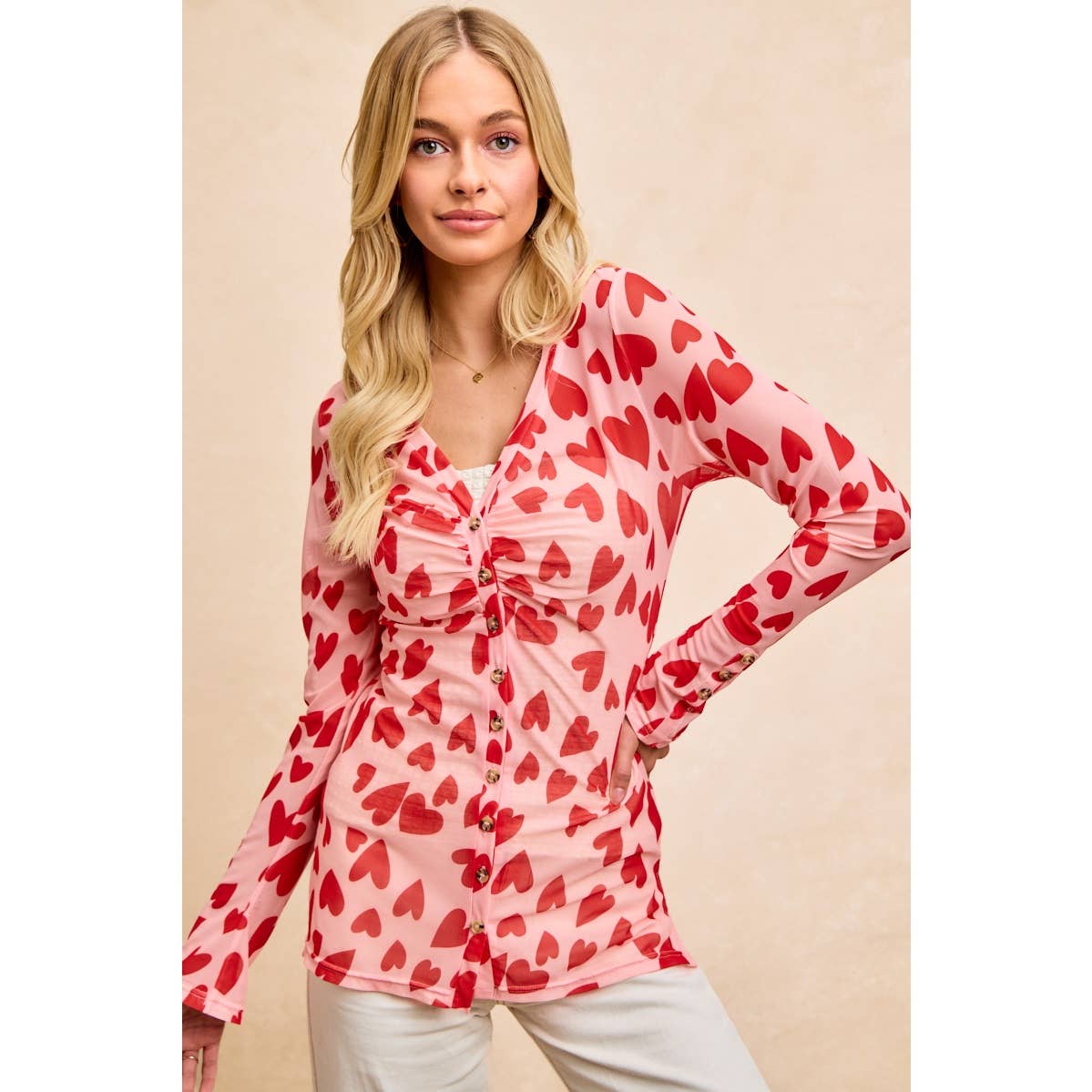 HEART PRINTED MESH TOP WITH BUTTON UP V NECK