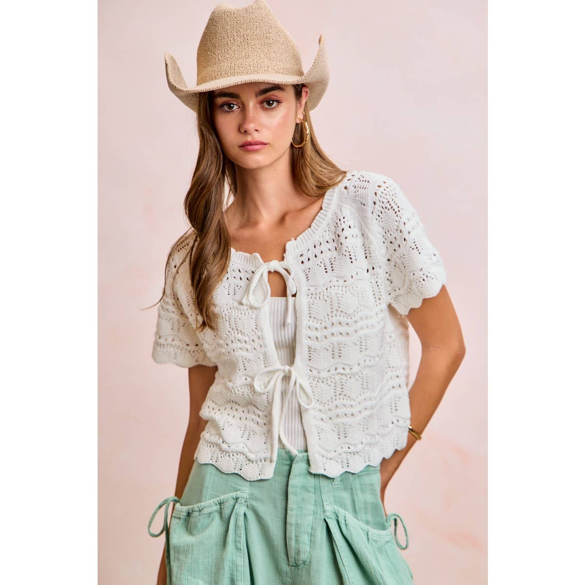FRONT BOW TIE DETAIL POINTELLE KNIT TOP