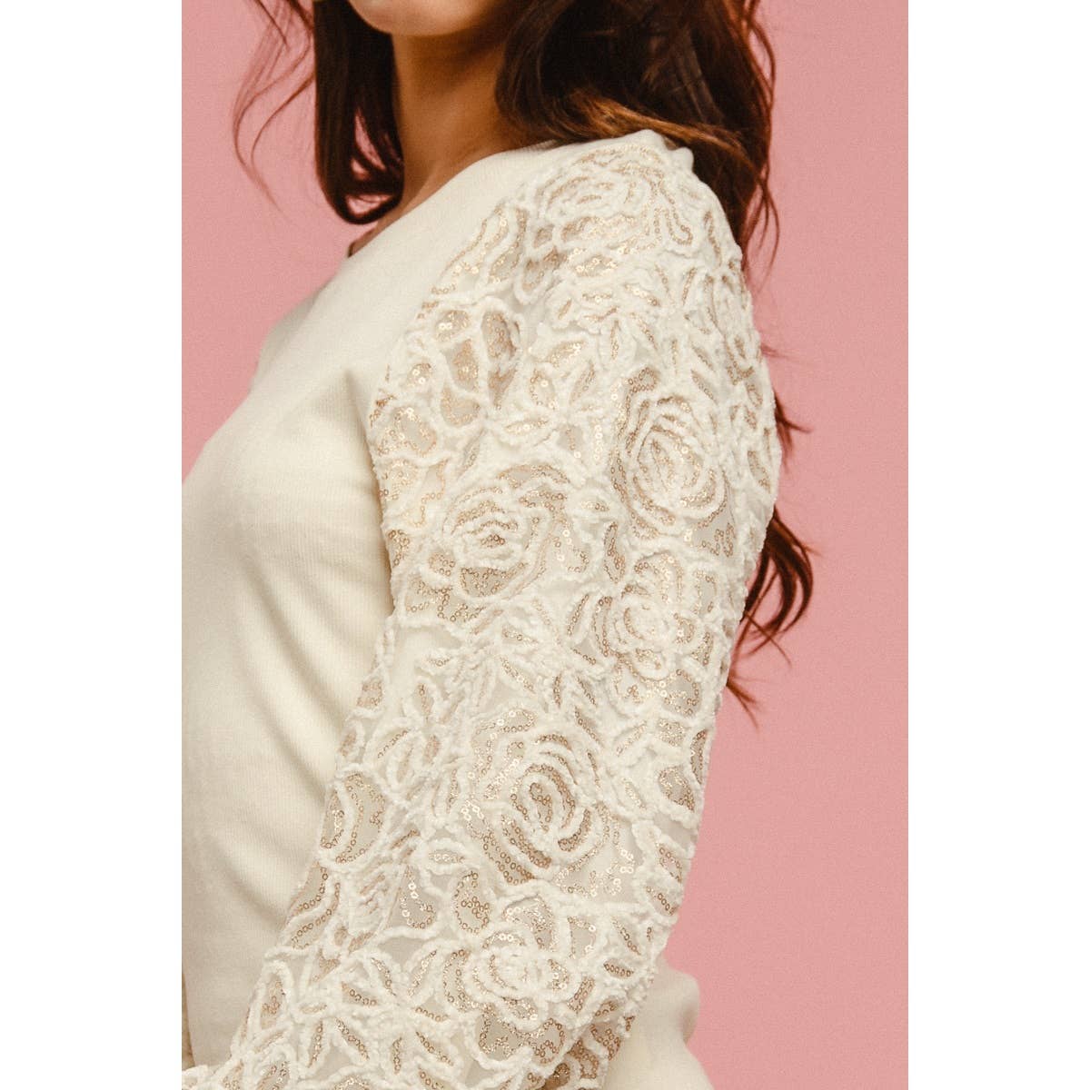 CHENILLE AND SEQUIN EMBELLISHED FLORAL KNIT TOP