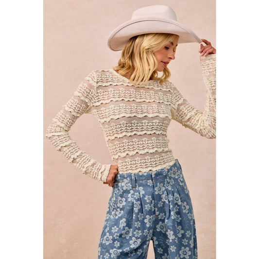 RUFFLES DETAIL FLOWER LACE TOP