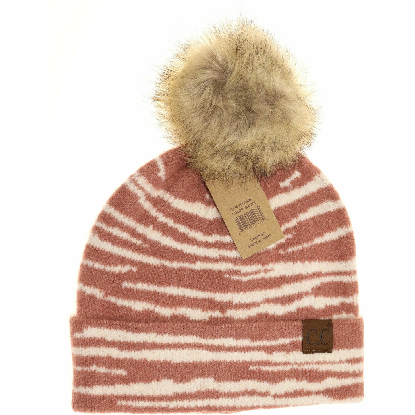 Zebra Pattern Faux Fur Pom Beanie HAT3607
