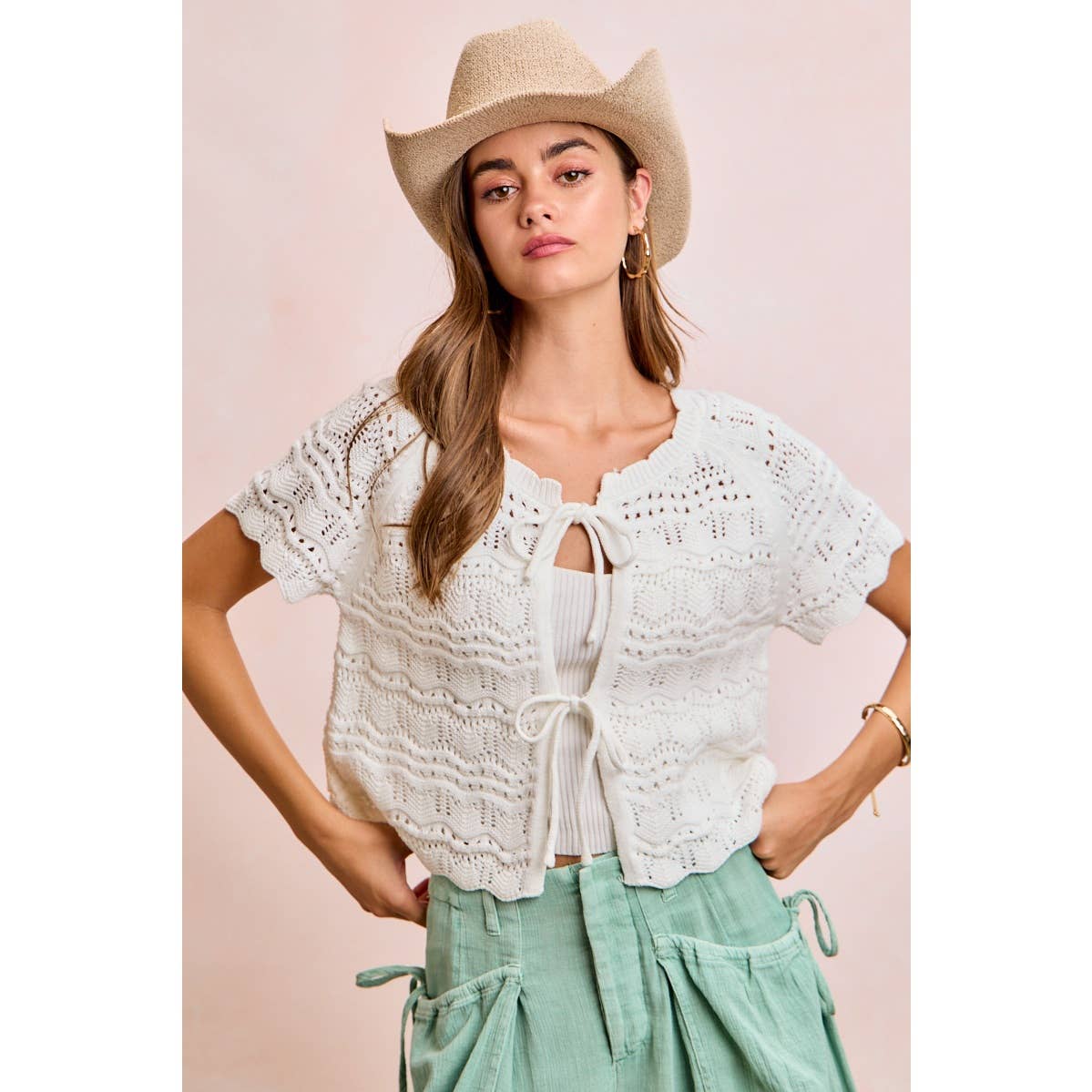 FRONT BOW TIE DETAIL POINTELLE KNIT TOP