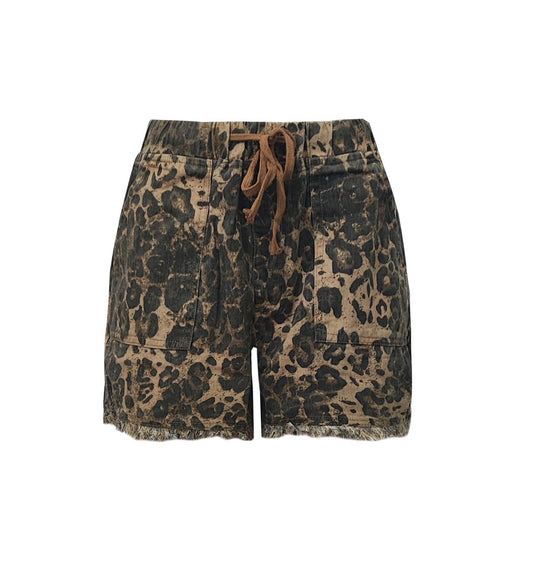 Elastic Waist Drawstring Frayed Hem Denim Shorts