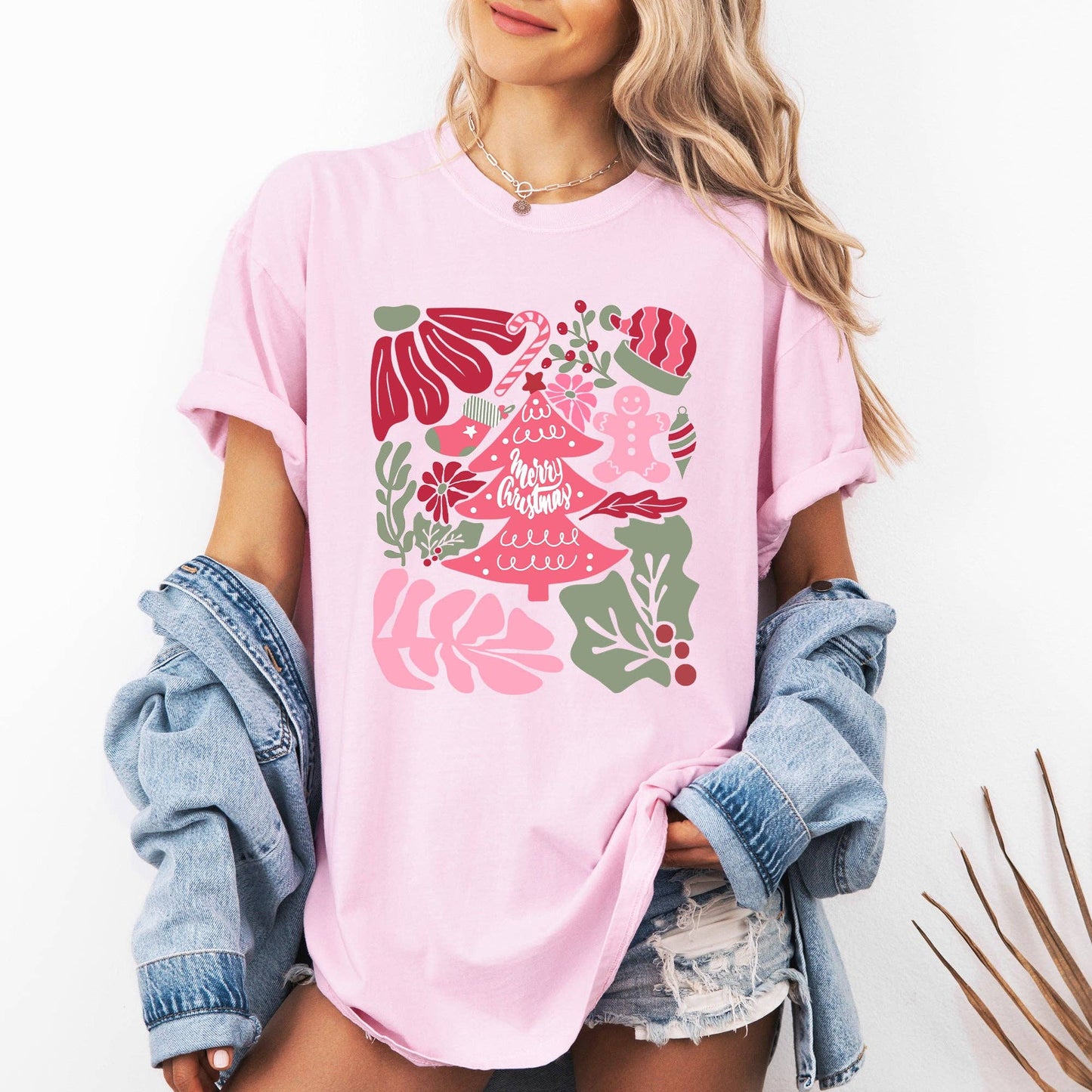 Merry Christmas, Pink Floral, Flowers, Xmas Tshirt