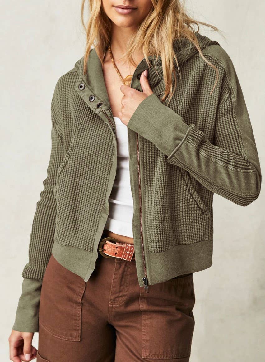 Half button zip up waffle crop hoodie sweatshirt jacket