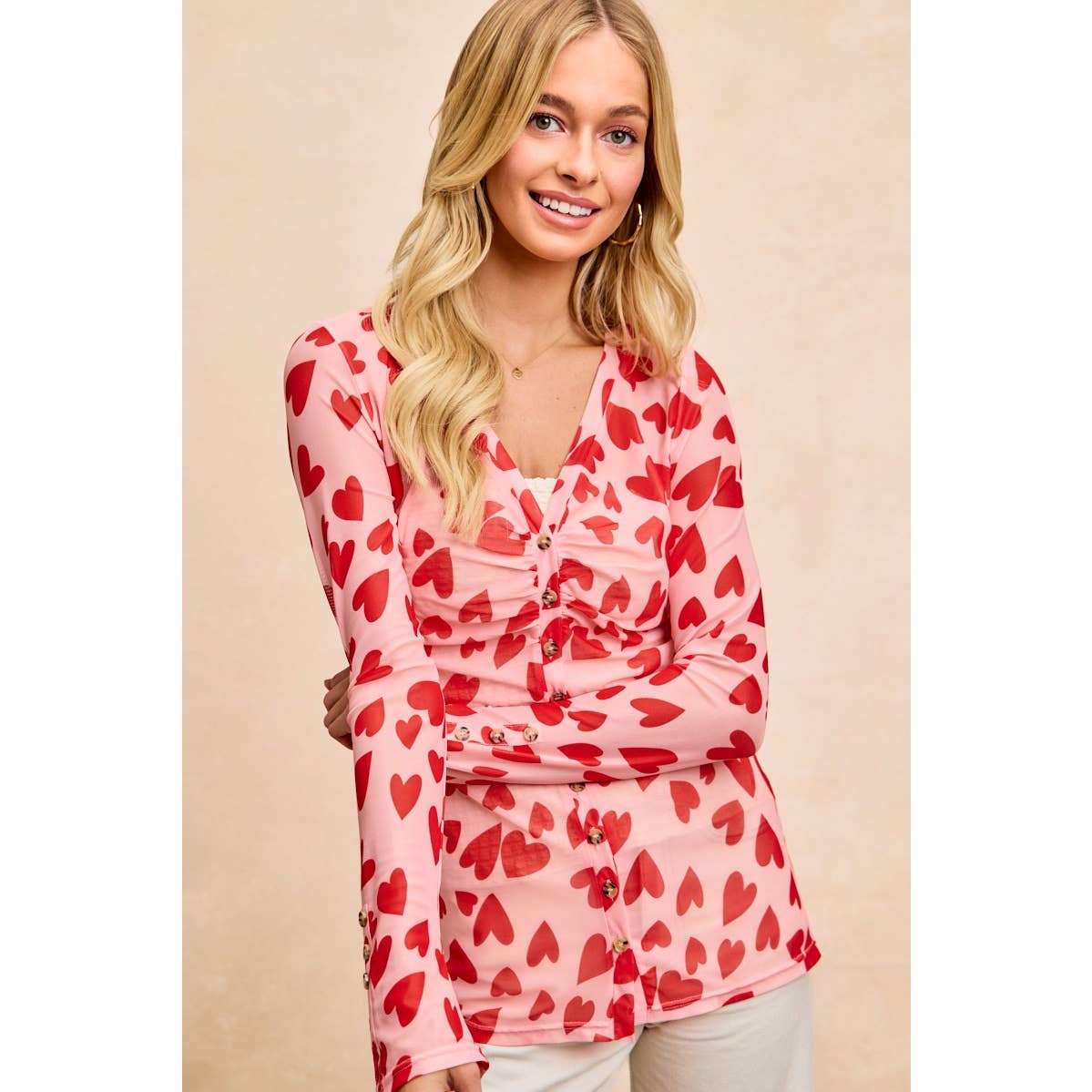 HEART PRINTED MESH TOP WITH BUTTON UP V NECK