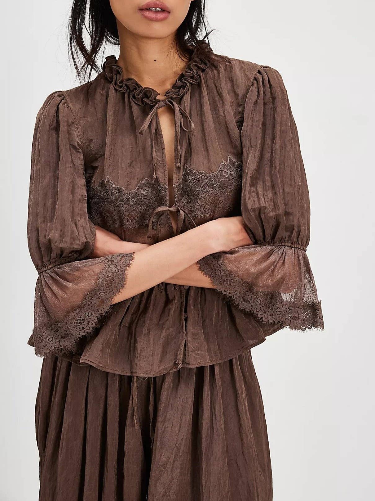 Boho vintage Victoria ancient ways tie front lace blouse