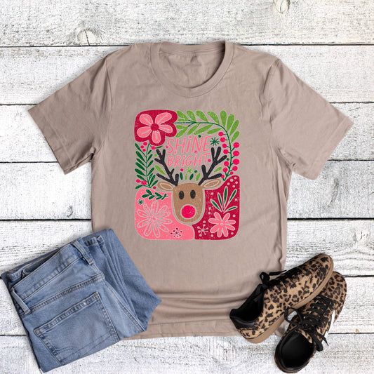 Boho Christmas Shine Bright Rudolph Graphic Tee