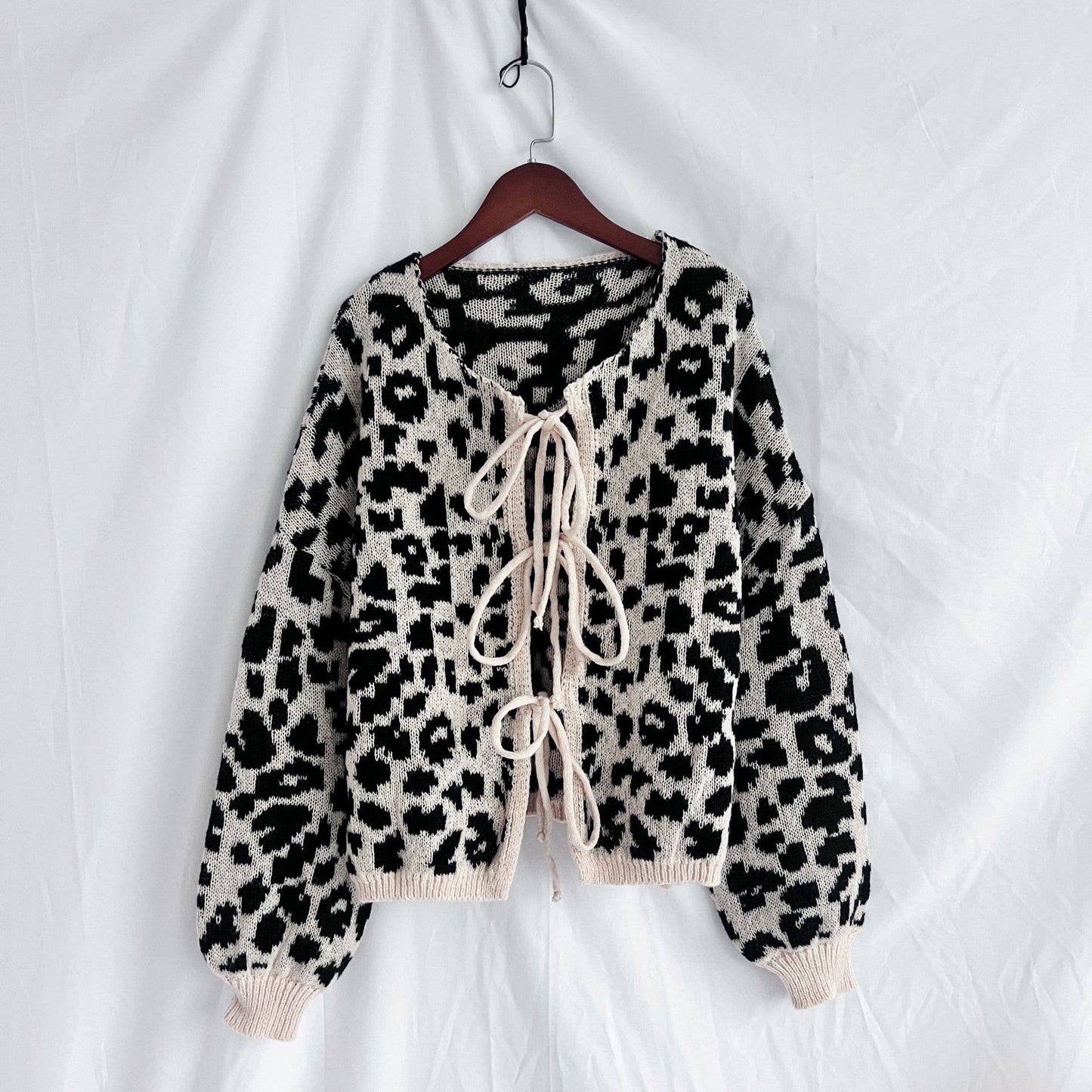 Retro Trendy Cheetah Leopard Print Lace-Up Cardigan