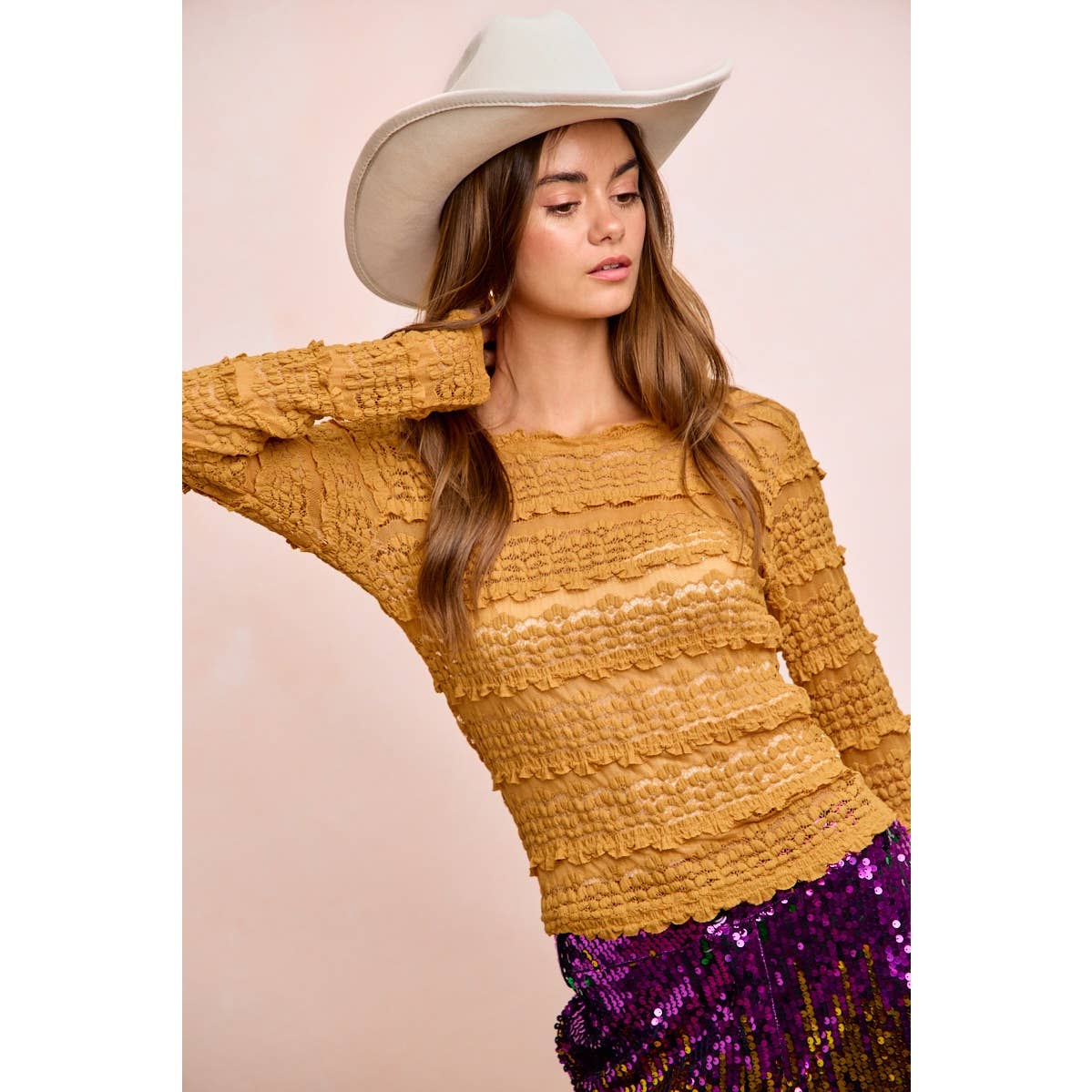 RUFFLES DETAIL MARDI GRAS COLOR FLOWER LACE TOP
