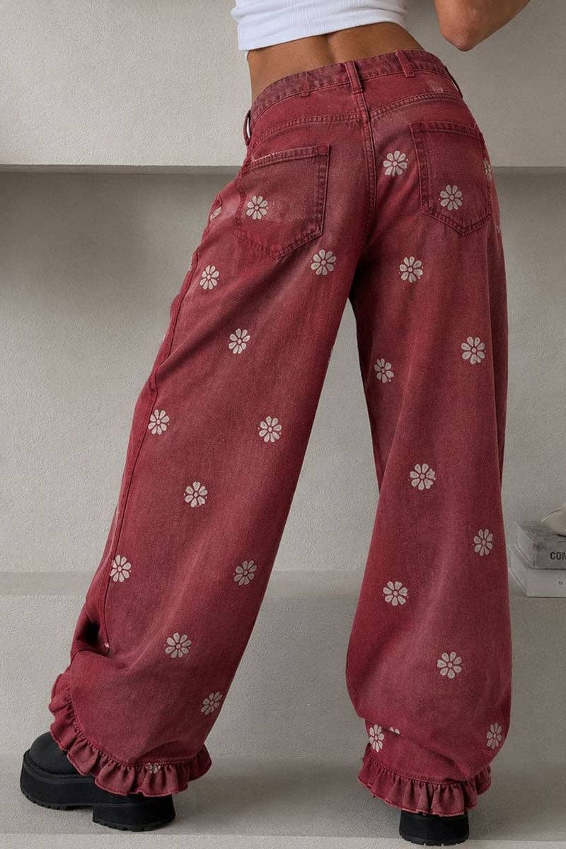 Floral Ruffle Hem Wide Leg Casual Pants
