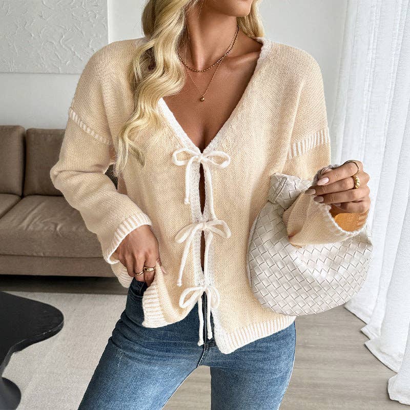 Contrast Trim Tie Front Knit Cardigan Sweater Women