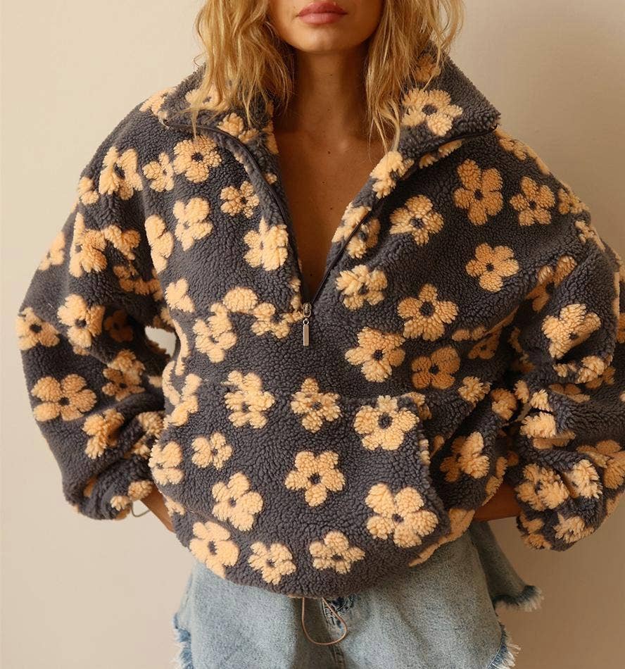 Oversized winter half-zip floral sherpa fleece sweatshirt