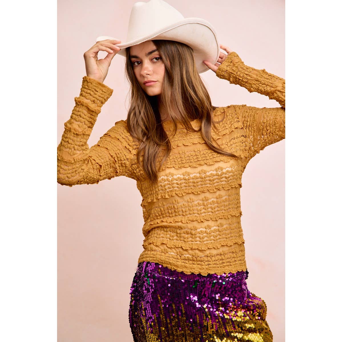 RUFFLES DETAIL MARDI GRAS COLOR FLOWER LACE TOP