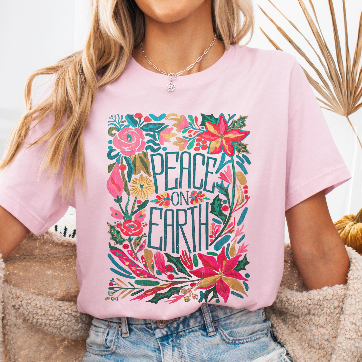 Peace on Earth floral Christmas graphic t-shirt, Holiday top