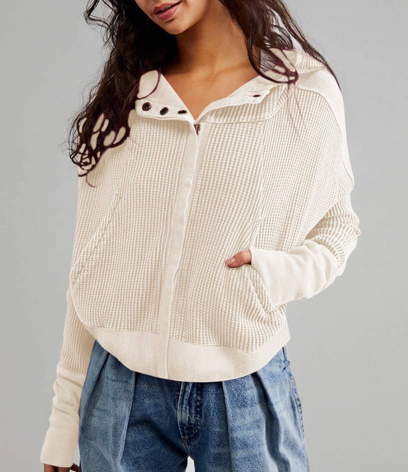 Half button zip up waffle crop hoodie sweatshirt jacket