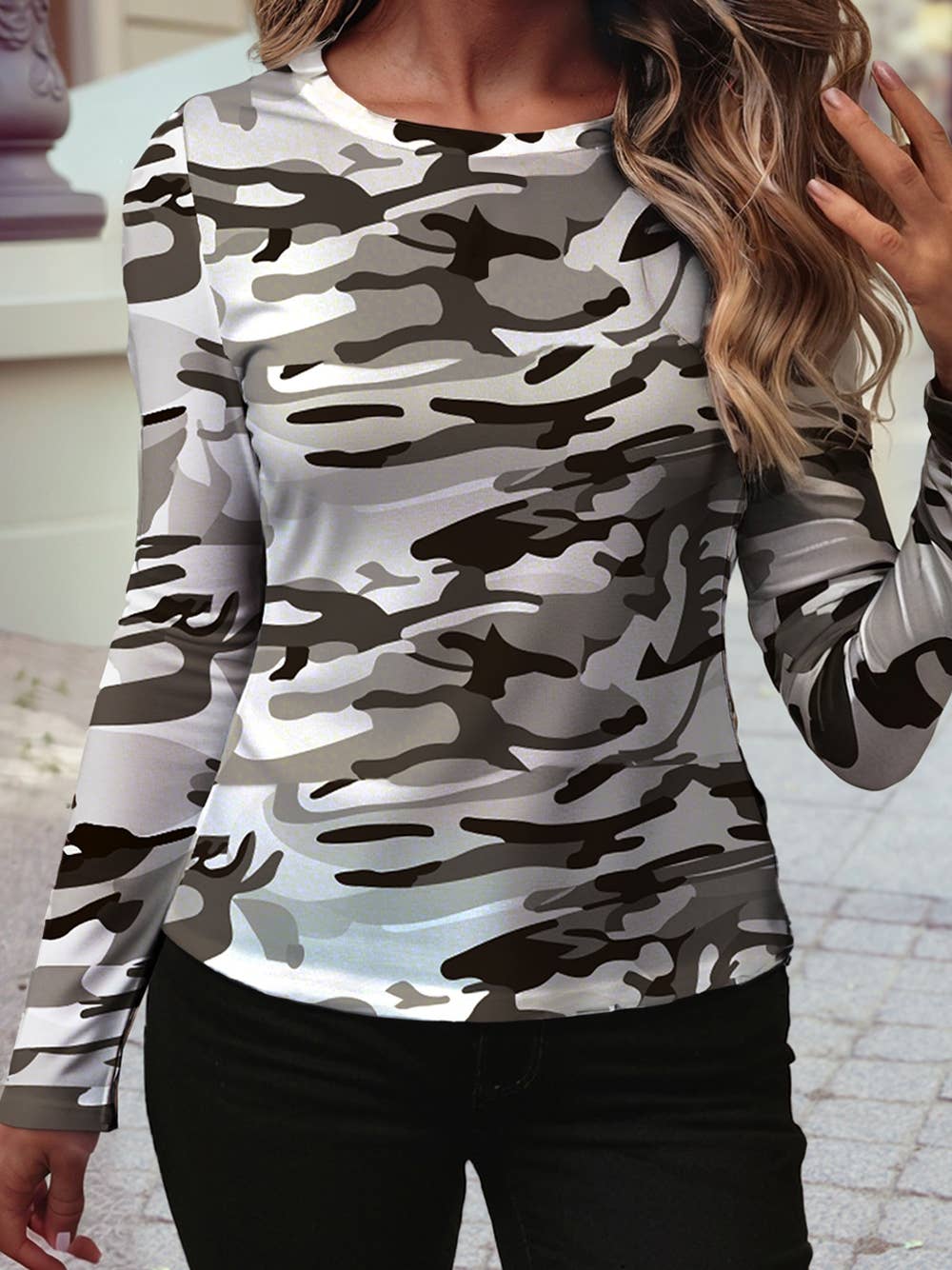 2025 Fall Western Camouflage Print Mesh Long Sleeve Top