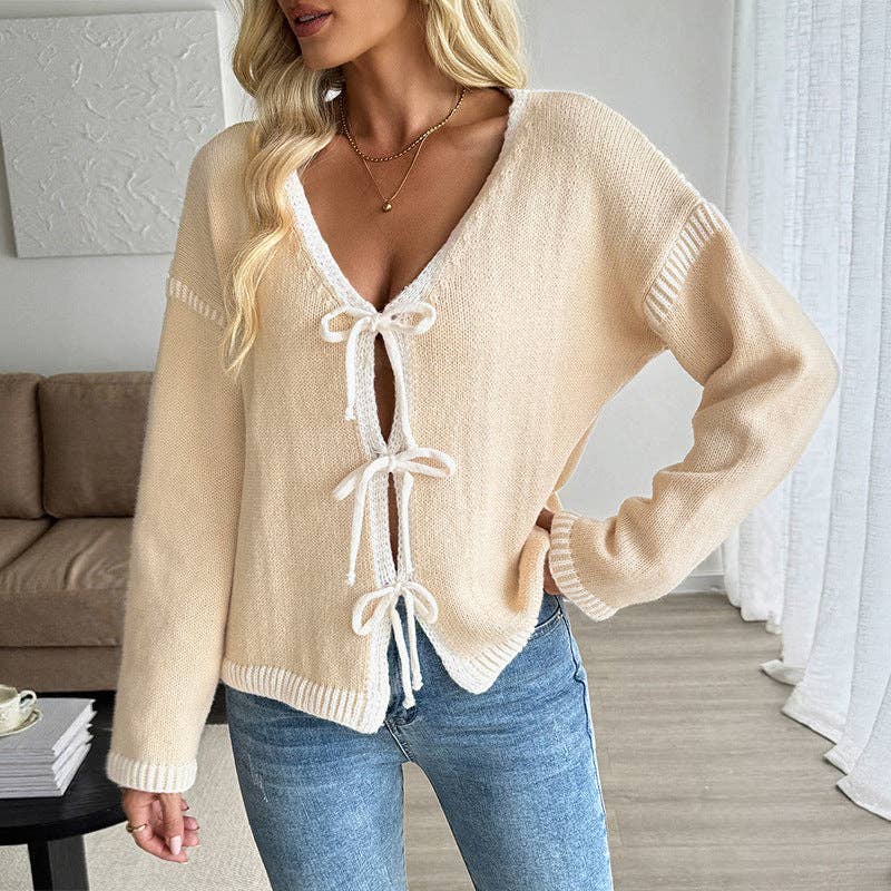 Contrast Trim Tie Front Knit Cardigan Sweater Women