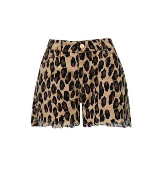 Trendy Leopard Print Frayed Hem Denim Shorts