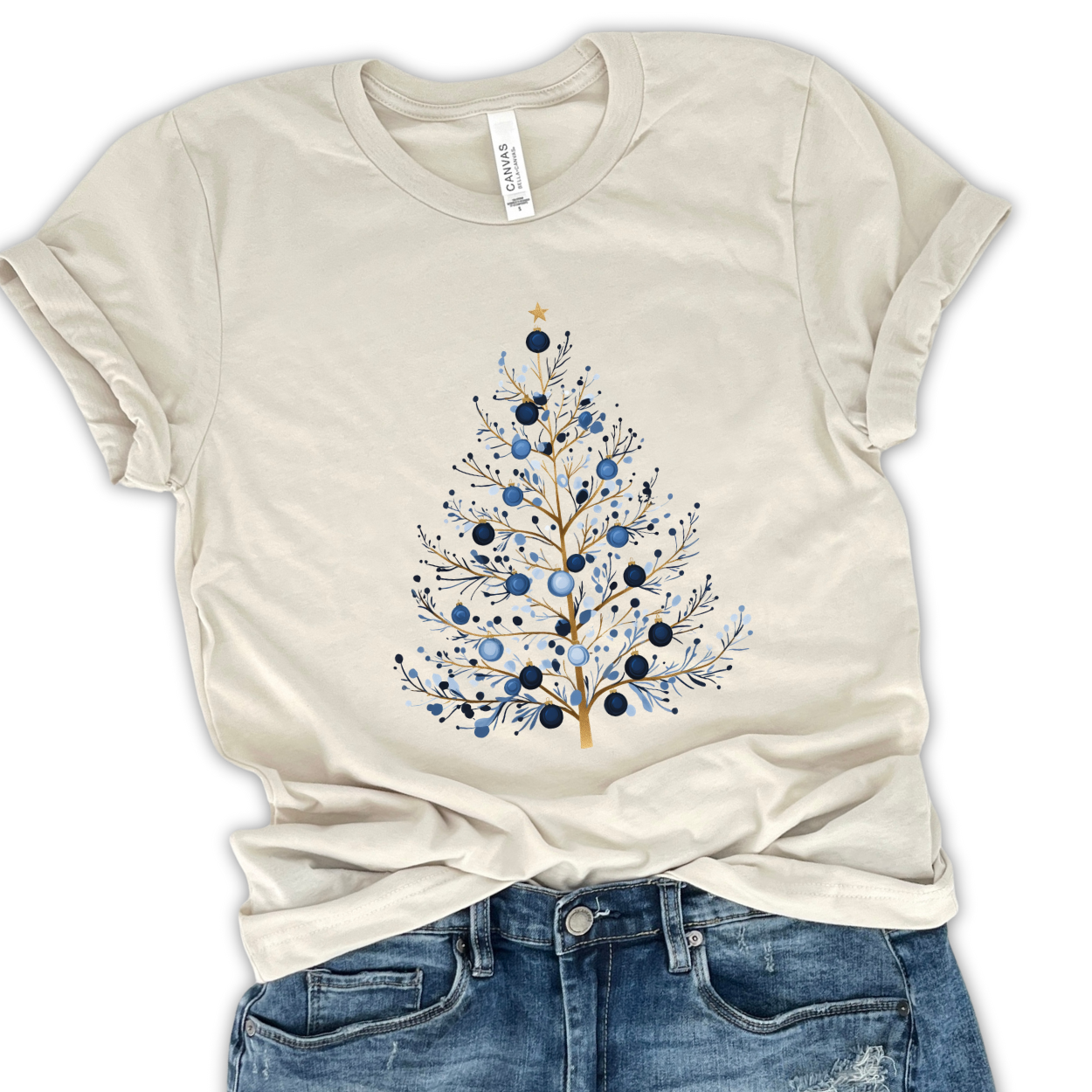 Blue whimsical Christmas tree women's graphic t-shirt