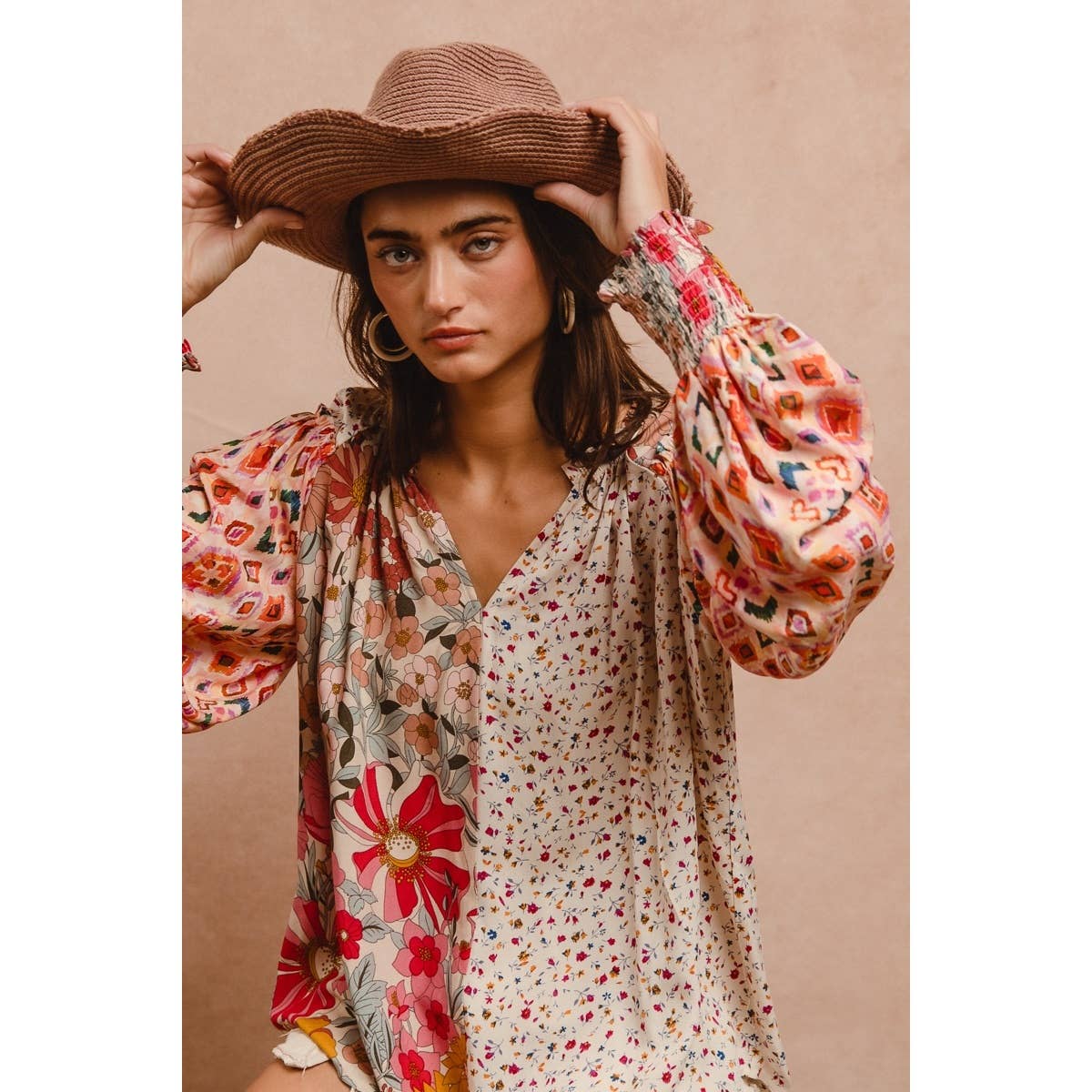 FLORAL PRINT MIX AND MATCH LONG SLEEVE PEASANT TOP