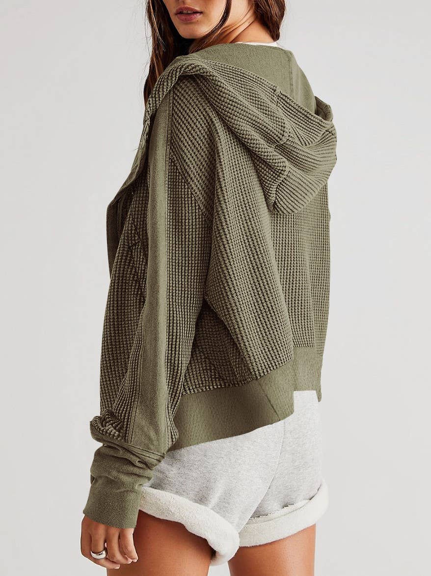 Half button zip up waffle crop hoodie sweatshirt jacket