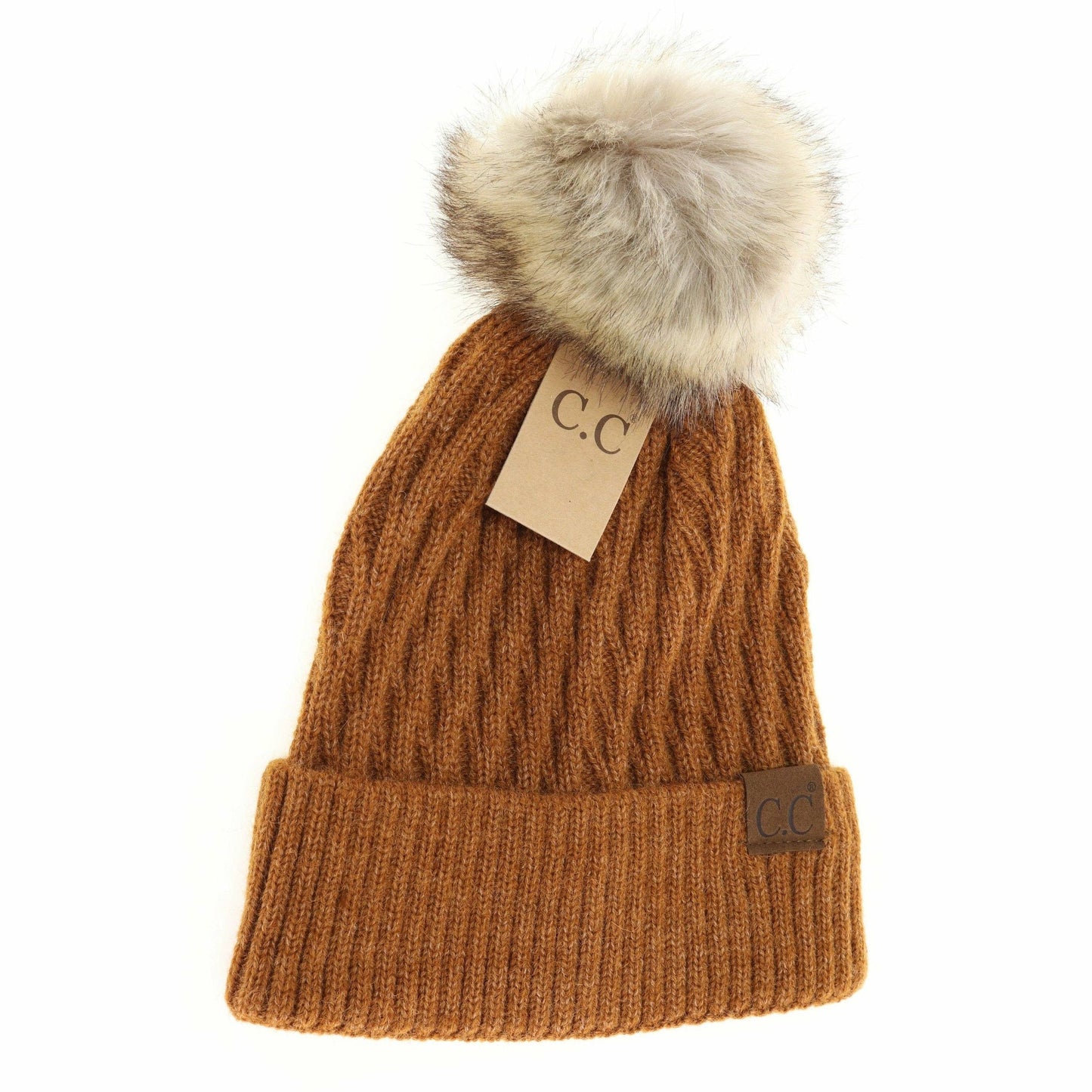 Solid Honey Comb Fur Pom C.C Beanie HAT2079