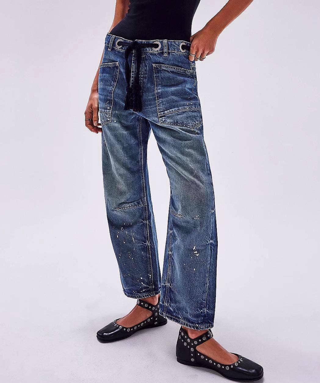 Western chic drawstring patchwork wide-leg jeans