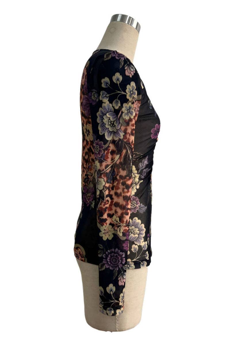 Sheer Floral Ruched Button Front Blouse