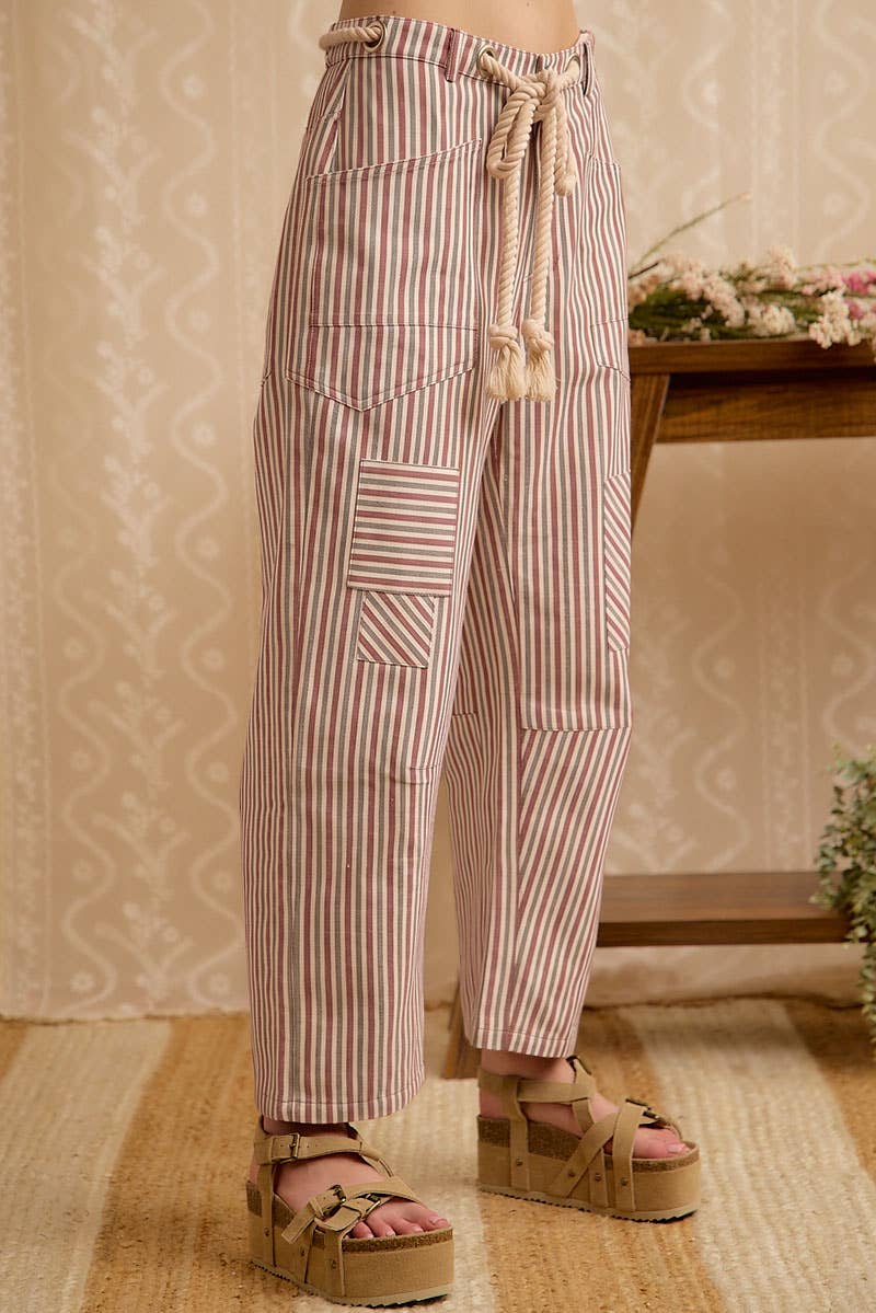 WOMEN WIDE LEG STRIPED DRAWSTRING PANTS