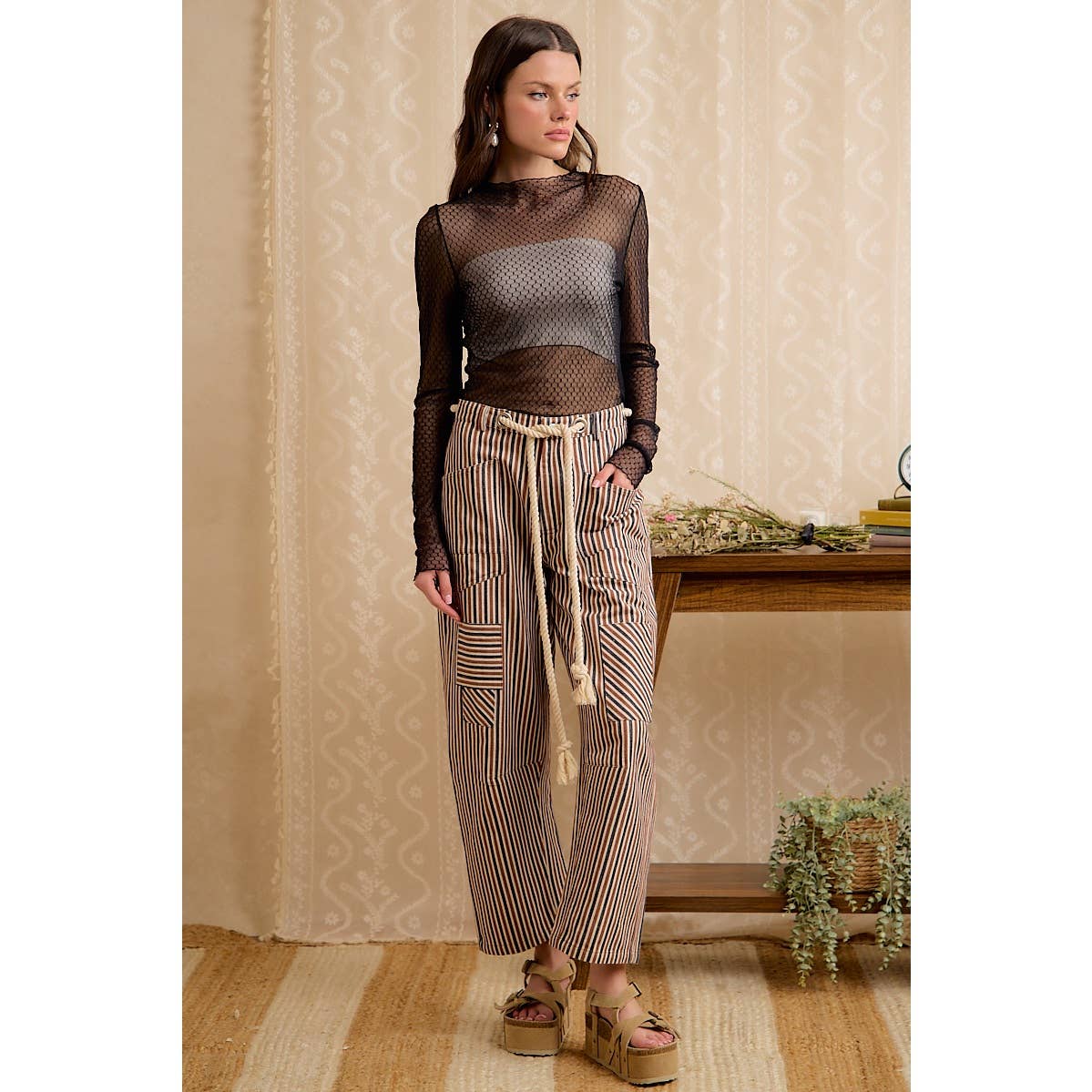 WOMEN WIDE LEG STRIPED DRAWSTRING PANTS