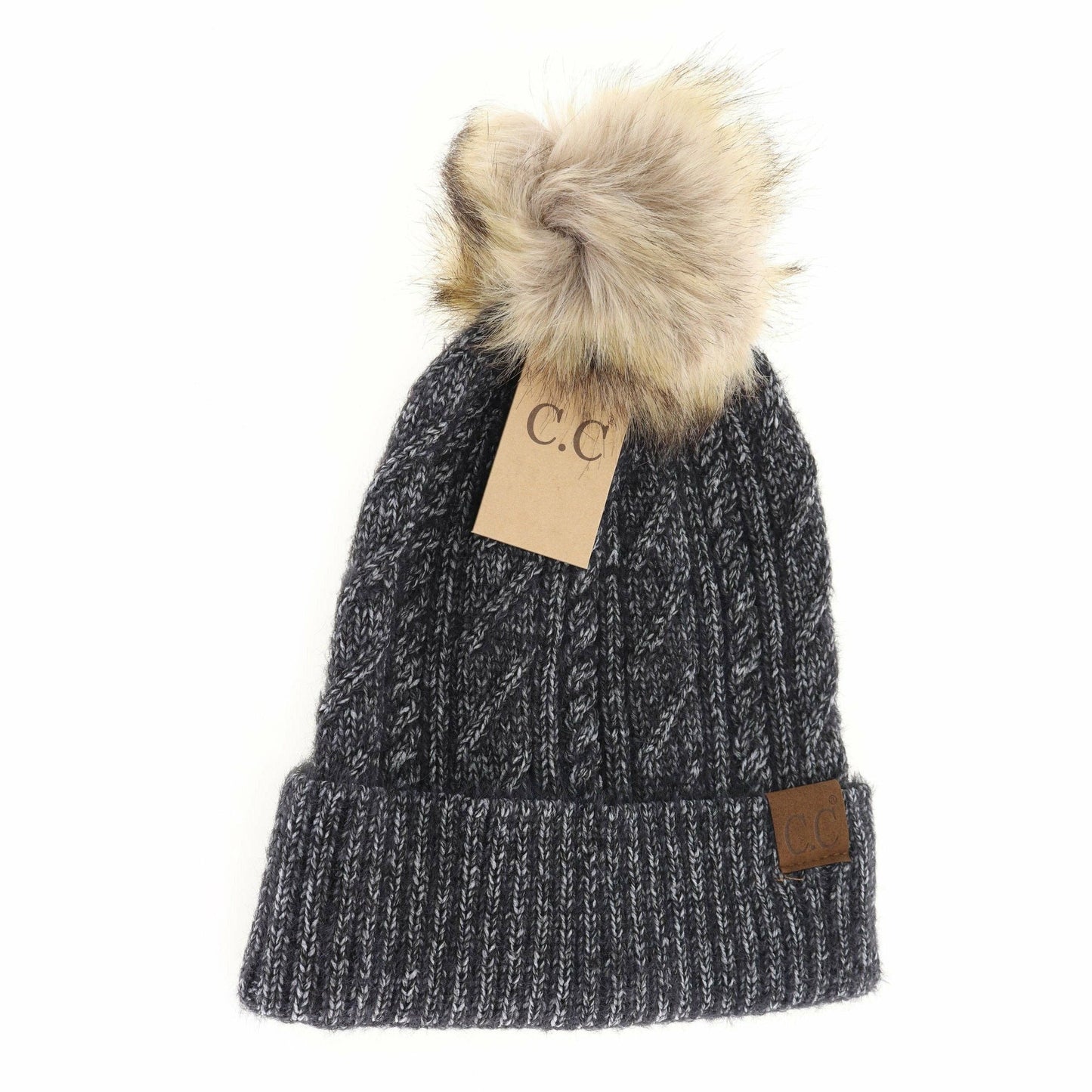 Soft Cuff Cable Knit Fur Pom C.C Beanie HAT2087