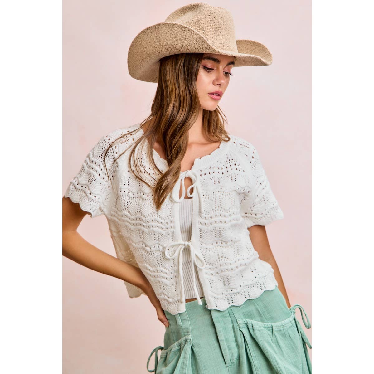 FRONT BOW TIE DETAIL POINTELLE KNIT TOP